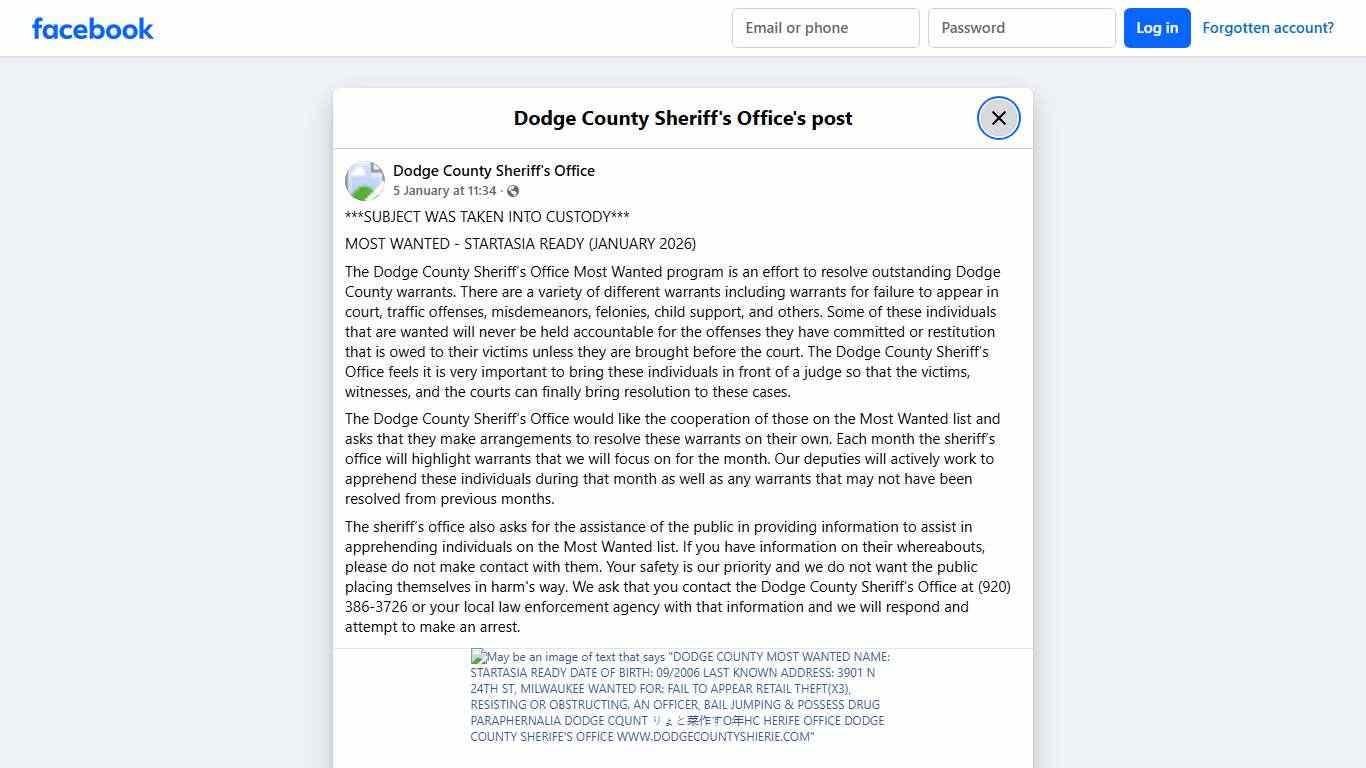 ***SUBJECT WAS TAKEN INTO... - Dodge County Sheriff's Office Facebook